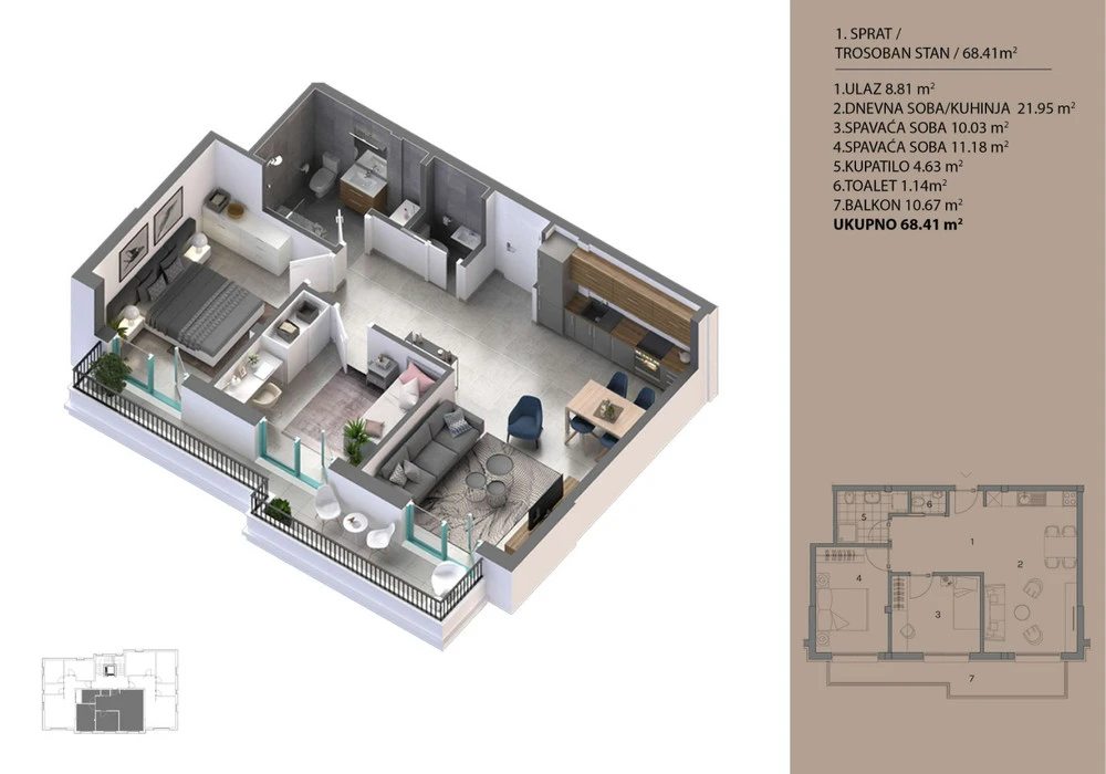 Stan na prodaju 2 собе, 68 m². Dobrota. 