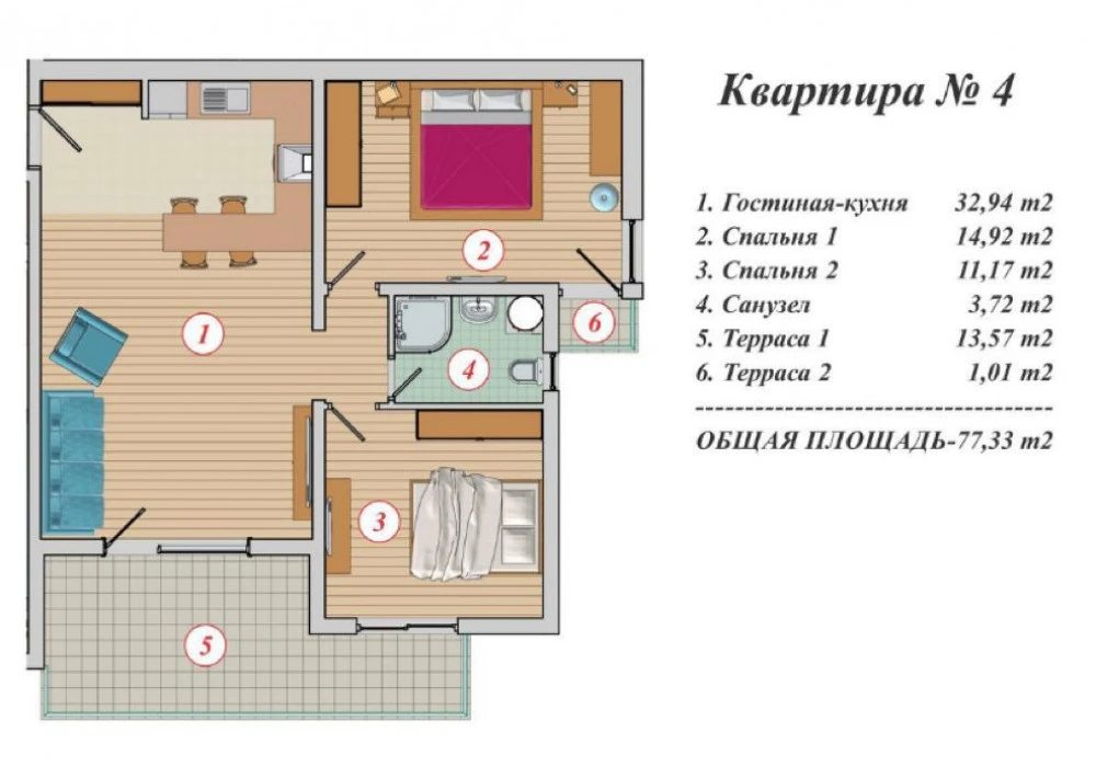 Apartments for sale 2 rooms, 77 m². Budva. 